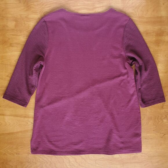 Chicos Tunic Top Size 2 US L Burgundy Ribbed Knit Stripe Round Neck 3/4 Sleeve - Picture 2 of 7